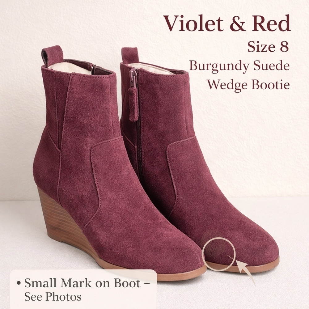Violet & Red Jay Jay Burgundy Suede Wedge Booties Size 8 Leather Upper NWT